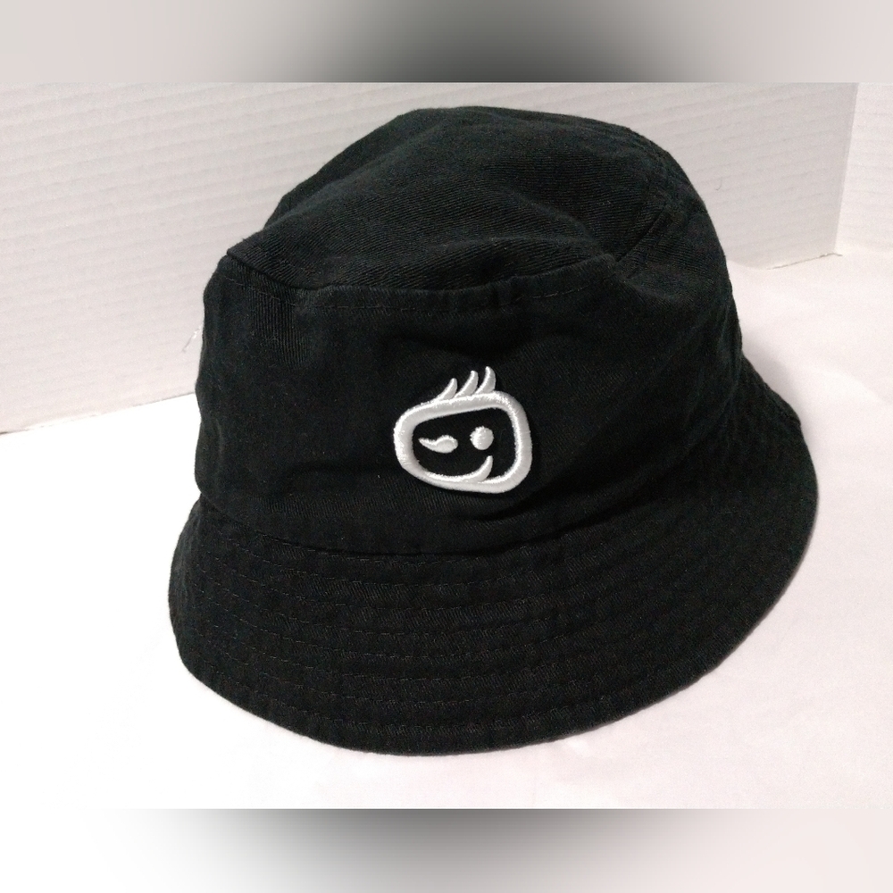 NEW Black Bucket Hat Embroidered with Smirking Winking Smiley Face OSFM